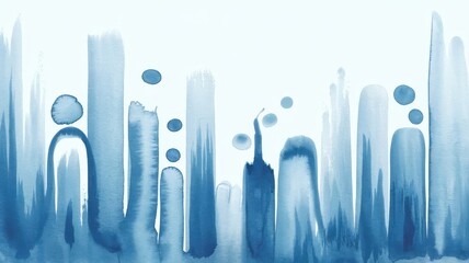 Abstract watercolor design featuring vertical blue brush strokes and circular shapes, evoking a tranquil and modern atmosphere.