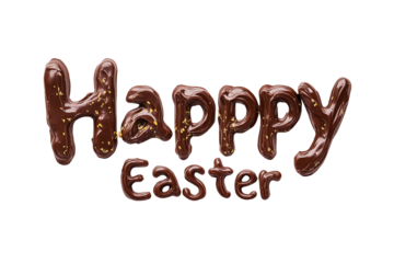 Text Happy Easter written with dark melted chocolate letters isolated on transparent or white background, Easter Holiday celebration, png