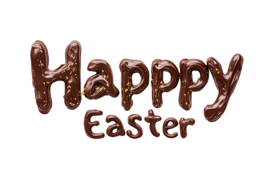 Text Happy Easter written with dark melted chocolate letters isolated on transparent or white background, Easter Holiday celebration, png