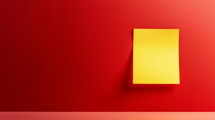 High-contrast conceptual image of a blank yellow sticky note against a deep red backdrop, creating a sense of urgency and providing copy space for important messages or reminders