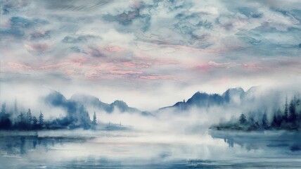 Fototapeta premium A serene landscape featuring soft pastel colors, with misty mountains and tranquil waters reflecting the sky at dawn.