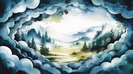 Fototapeta premium A dreamy landscape framed by whimsical clouds, showcasing rolling hills, dense forests, and a serene misty ambiance.