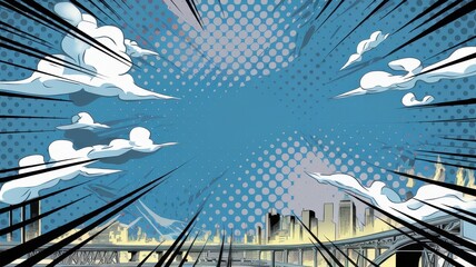 A dynamic comic-style illustration capturing a vibrant blue sky with striking clouds and a city skyline in the background, radiating energy and creativity.