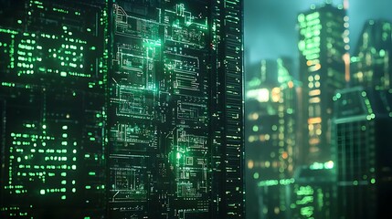 Glowing Green Digital Cityscape at Night