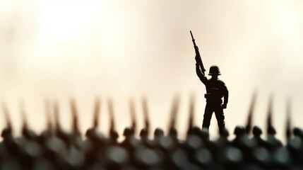 Miniature soldier stands tall, rifle raised in a gesture of defiance, amidst a blurred crowd of identical figures, embodying resilience and leadership against a backdrop of uncertainty