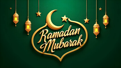 Ramadan Mubarak greeting card with lanterns and crescent on green background