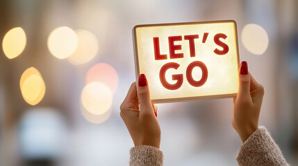 Woman with red nail polish holding a glowing lightbox with the inspirational message let's go against a blurred background of city lights at dusk. Creating a sense of anticipation and urban adventure
