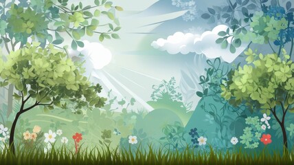 Fototapeta premium A serene landscape illustration featuring vibrant greenery, colorful flowers, and gentle sunlight streaming through the clouds.