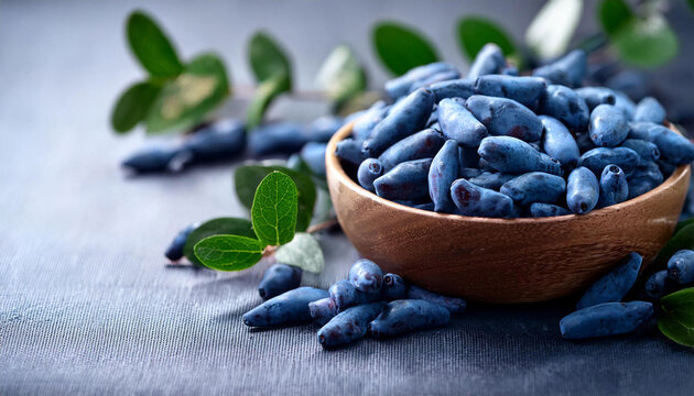 honeysuckle raw berries in bowl blue honeysuckle lonicera caerulea edulis honeyberry blue berry honeysuckle sweetberry haskap berry ripe organic honeyberry harvest from berry farm in finland