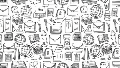 Back to school seamless pattern doodle. Hand drawn line doodle sketch style back to school background. Hand drawn book, bag, globe education elements background. perfect any project.
