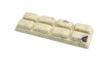 One tasty chocolate bar with crumbs of cookie isolated on white