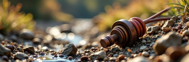 Rusty wire and ceramic insulator in a dry creek bed, terrain, wire