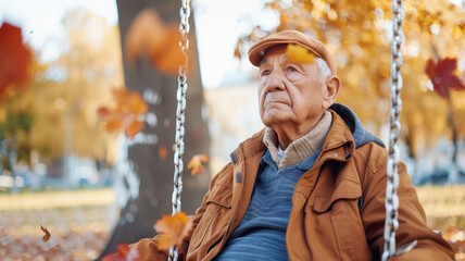 Thoughtful Senior Man Sitting on a Swing in an Autumn Park, Surrounded by Falling Leaves