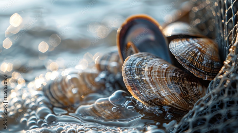 Poster colorful clams are clustered together in a fishing net, surrounded by clear water and gentle bubbles
