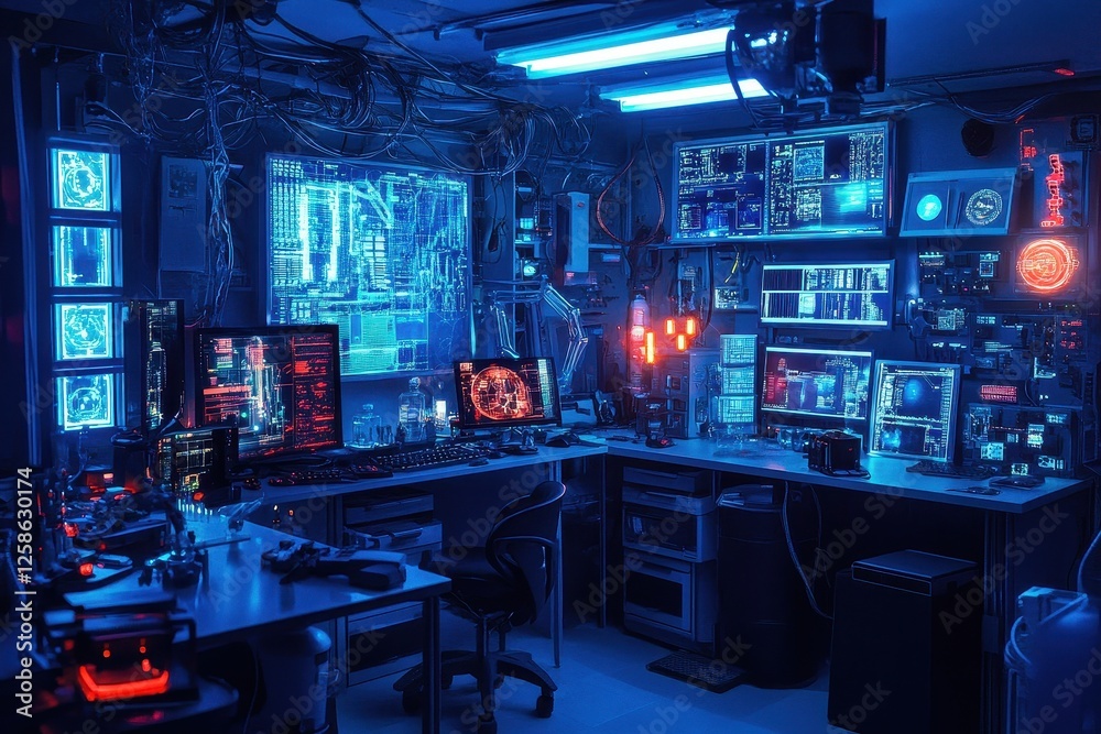 Poster high-tech control room filled with screens and glowing interfaces used for data analysis and monitor