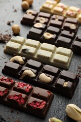 Different tasty chocolate bars with nuts and freeze dried raspberry on black table, closeup