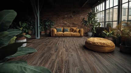Spacious Loft Interior with Mustard Yellow Sofa and Pouf Surrounded by Lush Greenery