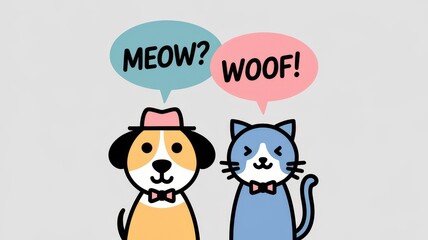 Obraz premium A charming cartoon of a dog wearing a hat and a cat both wearing bowties, communicating with playful speech bubbles saying 'Meow?' and 'Woof!'
