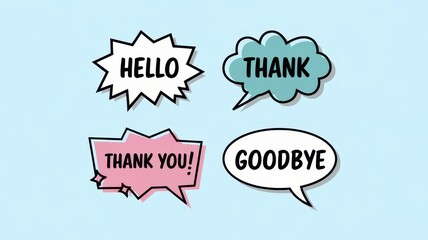 Colorful speech bubbles with greetings and expressions of gratitude and farewells in a playful design.