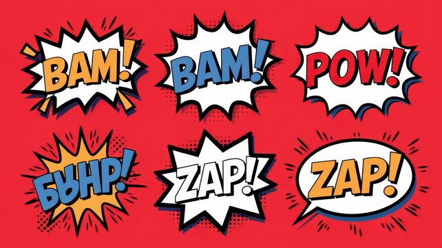 A vibrant assortment of comic-style speech bubbles featuring dynamic words like 'BAM!', 'POW!', and 'ZAP!', set against a bold red background.