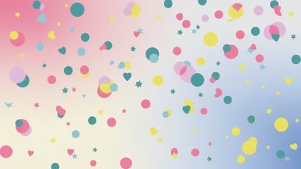 Vibrant abstract pattern featuring colorful circles, stars, and hearts, creating a playful and cheerful atmosphere.