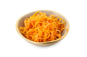 Fresh orange zest in bowl isolated on white
