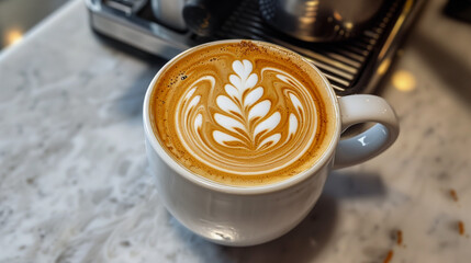close-up latte art intricate leaf white cup black handle coffee machine marble countertop