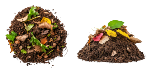 Close up of compost pile with leaves and organic matter, showcasing rich soil