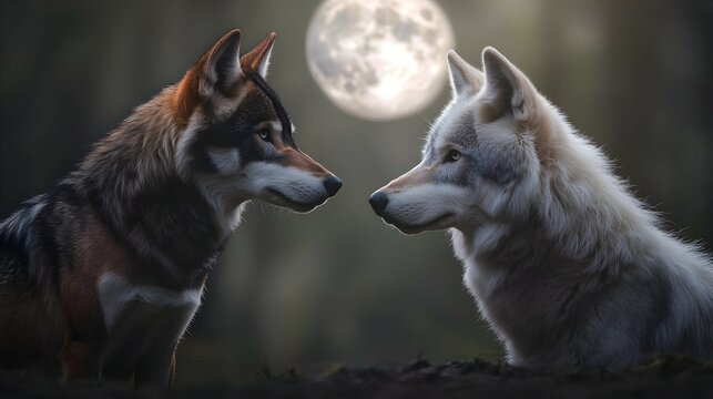 Two Wolves Facing Each Other Under Moonlight