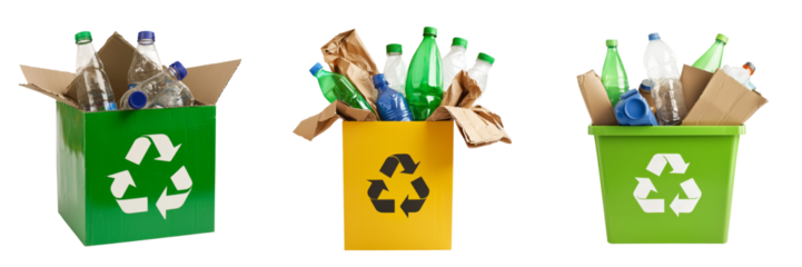 Recycling bins filled with plastic bottles and cardboard materials