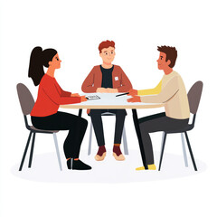 Fototapeta premium Three people engaged in discussion around table, showcasing teamwork and collaboration. setting emphasizes professional atmosphere with focus on communication