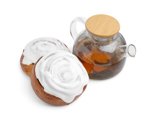 Tasty cinnamon rolls with cream and tea isolated on white