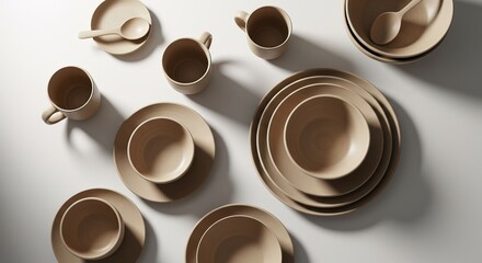 Obraz premium High-angle, flat lay view of a modern beige ceramic dinnerware set, showcasing mugs, bowls, plates, and a spoon