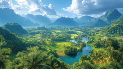 Scenic river valley, lush green fields, mountains, sunny day, travel poster