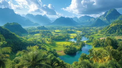 Gordijnen Scenic river valley, lush green fields, mountains, sunny day, travel poster © hafid