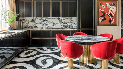 Modern black kitchen with marble accents and red chairs, Art deco inspired