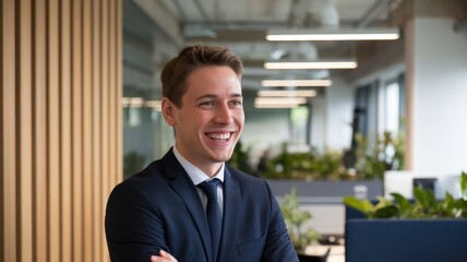 Fototapeta premium Smiling young Caucasian businessman in a modern office, dressed in a suit, exuding confidence and professionalism amidst a vibrant workspace.