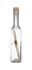Corked glass bottle with rolled letter isolated on white
