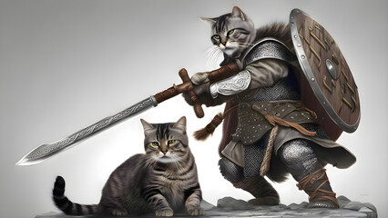 Fototapeta premium Heroic cat knight wielding a heavy sword, prepared for an epic fight. 