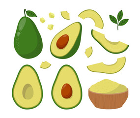 Avocado Isolated Collection. Whole, Sliced, Half, Chopped Avocado Set.