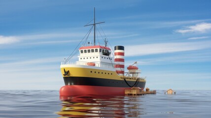 A vibrant cartoon-style steamship with a red and yellow color scheme, anchored near a small wooden platform under a clear blue sky.