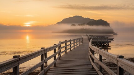 A serene wooden pier extends over calm waters at sunrise, surrounded by misty hills and warm golden light. A peaceful escape into nature's beauty.
