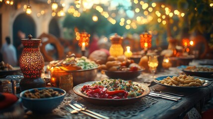 Fototapeta premium A beautifully set table awaits a joyous family gathering to celebrate Eid al-Fitr. Colorful dishes and glowing lanterns create a warm atmosphere for shared moments and delicious food
