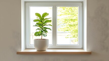 Potted Ficus Plant On Window Sill With Natural Light