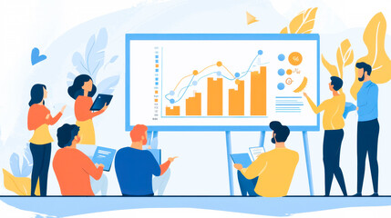 Diverse team analyzing business data on interactive presentation board