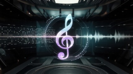 A vibrant digital illustration of a treble clef symbol, with sound wave patterns and futuristic elements, evoking a sense of music and technology.