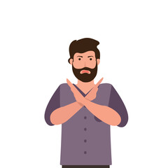 young man with crossed arms showing a gesture no or stop sign with hands vector illustration.