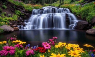Serene waterfall cascading into pool, vibrant wildflowers, lush greenery background; nature scene for calendar or website
