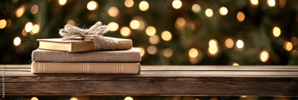 Poster books stacked on a rustic wooden shelf with a festive background inviting cozy reading moments. gene