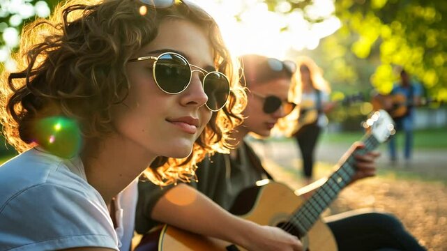 Talented youth perform a lively guitar and harmonica duet in a serene park atmosphere.